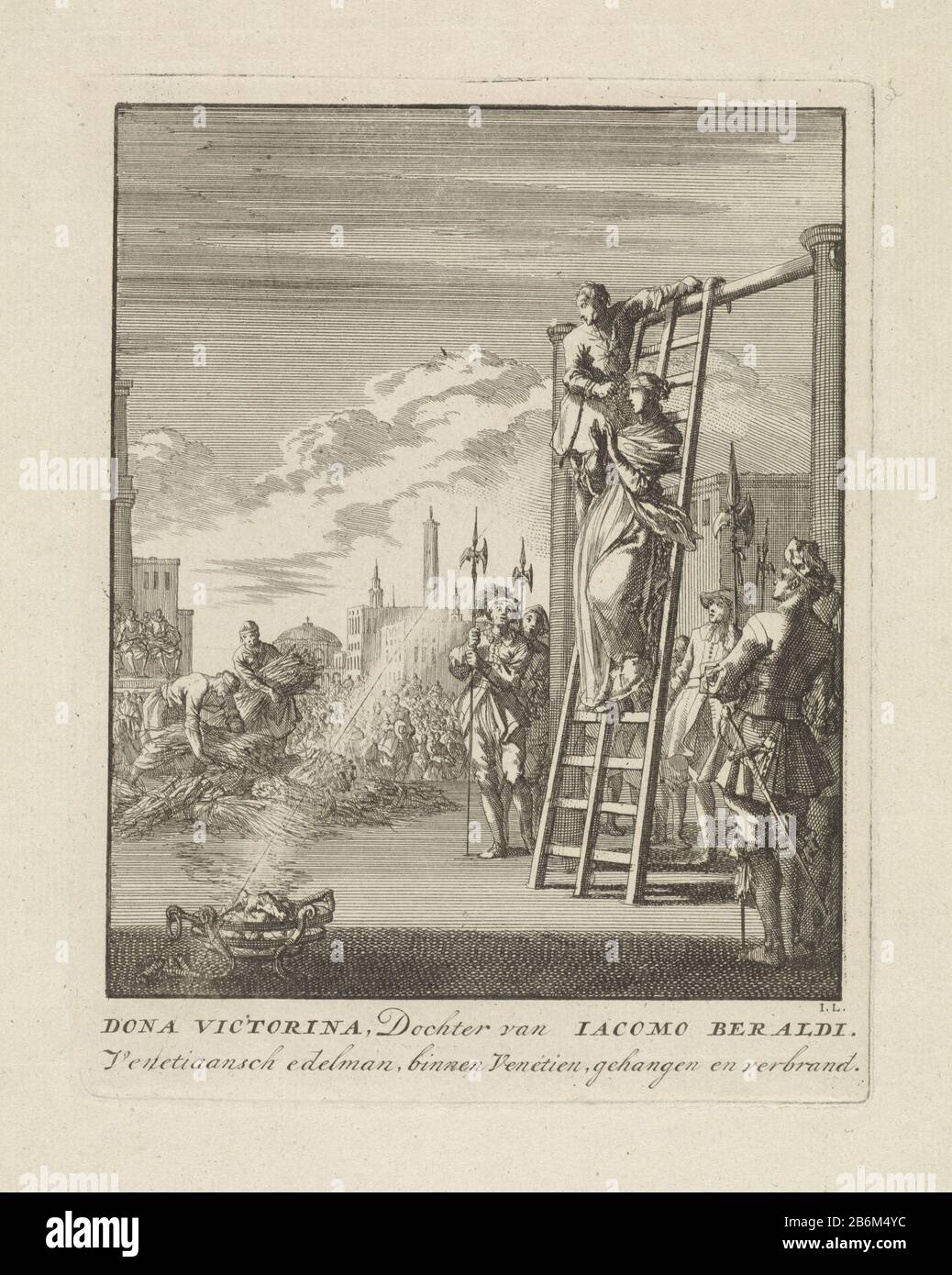 Executie van Victorina Dona Victorina, Dochter van Jacomo Beraldi, Venetiaansch edelman, binnen Venetien, gehangen en en verbrand (titel op object) Victorina, figlia del nobile Iacomo Beraldi, legata ad una scala da bruciare. Viene giustiziata per l'assassinio di suo marito, Ludovico Fassino. Sullo sfondo la raccolta di carnefici di paglia e legno per brandstapel. Produttore : stampatore Jan Luyken (Proprietà elencata) Luogo di produzione: Amsterdam Data: 1699 caratteristiche Fisiche: Materiale di incisione: Tecnica della carta: Incisione dimensioni: Bordo della piastra: H 190 mm × W 148 mmIllustrazione del libro di ToelichtingOok Foto Stock