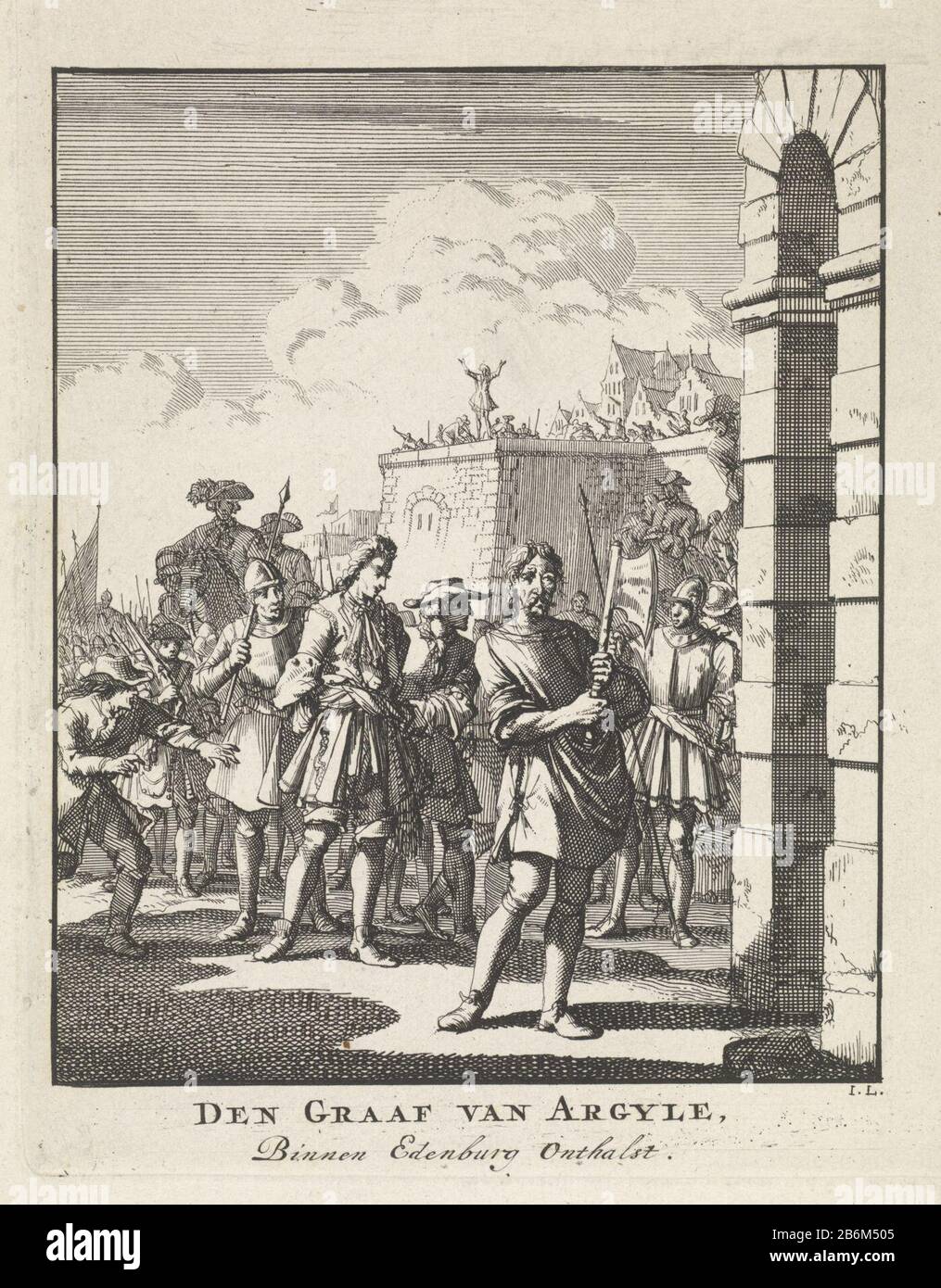 Executie van de graaf van Argyll, 1685 Den Graaf van Argyle, Binnen Edenburg Onthalst (titel op Object) esecuzione del Duca d'Argyll, 1685Den Conte d'Argyle, All'Interno di Edenburg Onthalst (title Object) tipo Di Oggetto: Immagine numero articolo: RP-P-OB-44.636Catalogusreferentie: Van Eghen Iscrizioni, 171-2 marchi: Lugt 2228 Produttore : stampatore Jan Luyken (Proprietà elencata) Luogo di produzione: Amsterdam Data: 1698 caratteristiche Fisiche: Incisione; materiale di prova: Carta Tecnica: Incisione dimensioni: Foglio: H 199 mm × W 156 mmToelichtingProefdruk illustrazione di Foto Stock