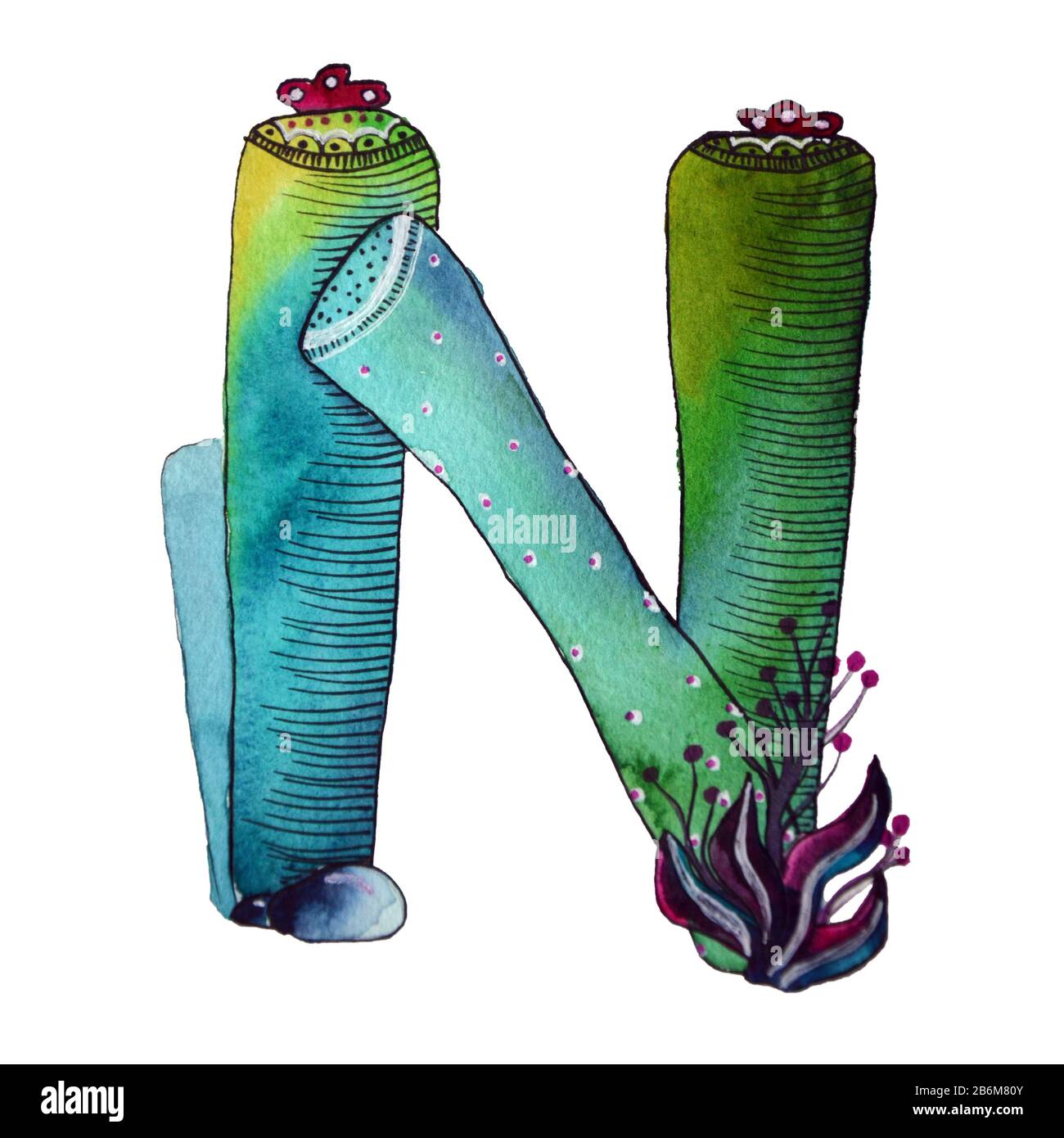 N lettera in forma di cactus in colori blu, verde eco lettera inglese Illustrazione su sfondo bianco Foto Stock