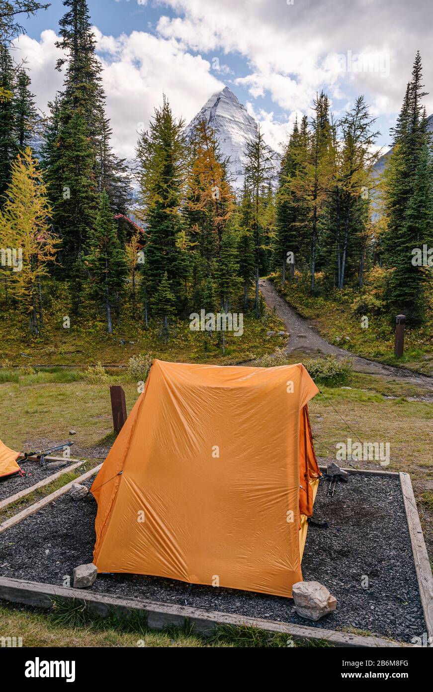 Tenda arancione campeggio sul campeggio con il monte Assiniboine nel parco  provinciale di Alberta, Canada Foto stock - Alamy