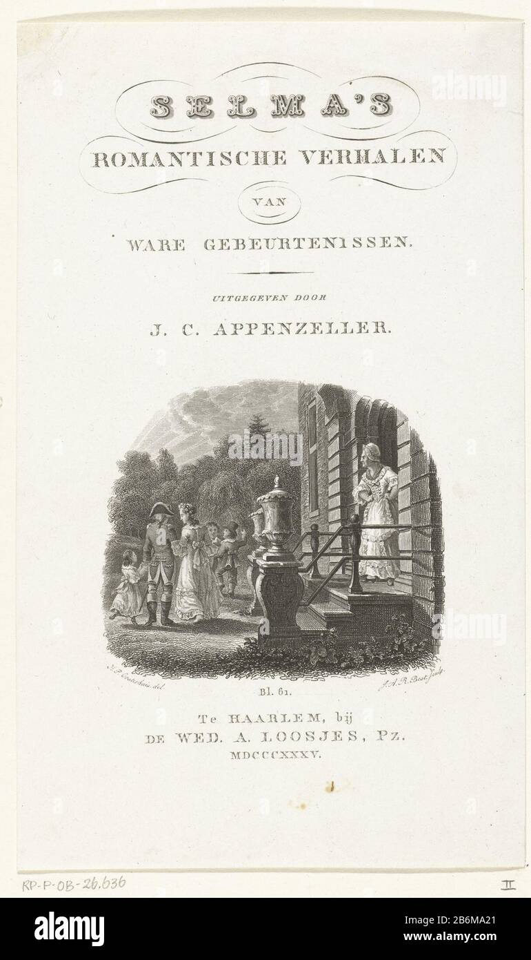 Familie verlaat huis en wordt nagekekken porta dienstmeid en titel Titelpagina voor JC Appenzeller, Romantische verhalen van ware gebeurtenissen, Haarlem 1835 la famiglia lascia a casa ed è servita da una cameriera e titolo pagina titolo: J.C. Appenzeller, i racconti romantici di Selma sugli eventi veri, Haarlem 1835 Tipo Di Oggetto : immagine numero articolo: RP-P-OB-26.636Catalogusreferentie: Collezione Rijksmuseum 2 (2) Nota: Non menzionato in letteratura, due stati in collezione iscrizioni RMA / marchi: Collector's mark, verso center , timbrato: Lugt 2228 Produttore : stampatore John Alexander Rudolf (Best listed Foto Stock
