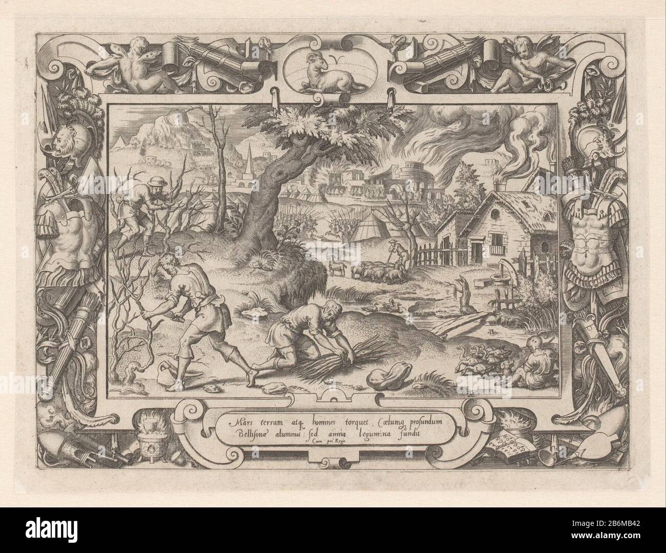 Fefuari Suite des Mois de l'Annee (serietitel) Twaalf maanden (serietitel) e l'uomo e una donna seduti di fronte a un camino con i loro figli, mentre un servo li porta tronchi. Fuori un lumberjack sul lavoro. La scena è incorniciata da una cornice ornamentale con pesci, novetti e putti e top la costellazione Vissen. Produttore : stampatore: Etienne Delauneverlener di privilegio: Corona francese (proprietà in elenco) Luogo fabbricazione: Francia Data: Per 1566 Materiale: Carta Tecnica: Engra (processo di stampa ) / dimensione di lavoro a punti: Bordo della lastra: H 173 mm × W 237 mmToelichtingMaakt parte di un dodici Foto Stock