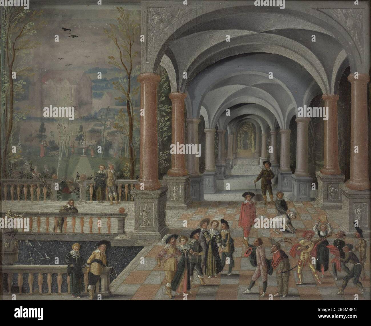 Feestvierend gezelschap en figuren uit de Commedia dell'Arte in een galerij, SK-NM-8041 Cabinet Prospettiva con una rappresentazione di una festa che celebra l'azienda e le figure della Commedia dell'Arte in una galleria. Alcune eleganti coppie guardano il gruppo dei comici. Lasciato uno stagno con una fontana, sullo sfondo un tuin. Produttore : pittore : monogramma DB (pittore) Datato: 1634 caratteristiche Fisiche: Olio su vetro, mica e rame materiale: Vetro mica carta carta carta pannello olio amalgama Tecnica: Vetro pittura dimensioni: H 32 cm. B × 36 cm. D × 3 cm. Foto Stock