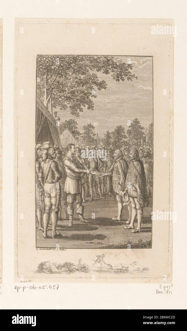 Ferdinand II neemt het documento van Albrecht van Wallenstein in ontvangst ai margini è modo irregolare, una figura di caccia geëtst. Produttore : stampatore: Daniel Nikolaus ChodoWie: CKi (indicato sull'oggetto), al suo disegno: Daniel Nikolaus Chodocwiecki (indicato sull'oggetto) Luogo fabbricazione: Berlino Data: 1800 caratteristiche Fisiche: Incisione; materiale di prova: Tecnica della carta: Incisione dimensioni: Bordo della piastra: H 210 mm × W 125 mmToelichtingPrent usato: Deutsche Monatsschrift (...). Lipsia: Sommer Buchhandlung, 1800. Soggetto Storia (militare) campo con tende reggente, sovranità, busta trenta Foto Stock