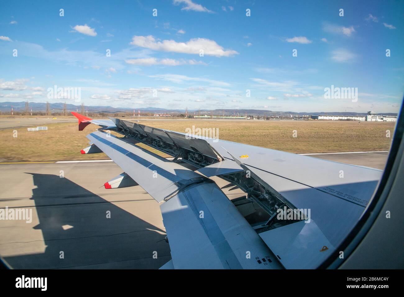 Ala Jet in volo Foto Stock