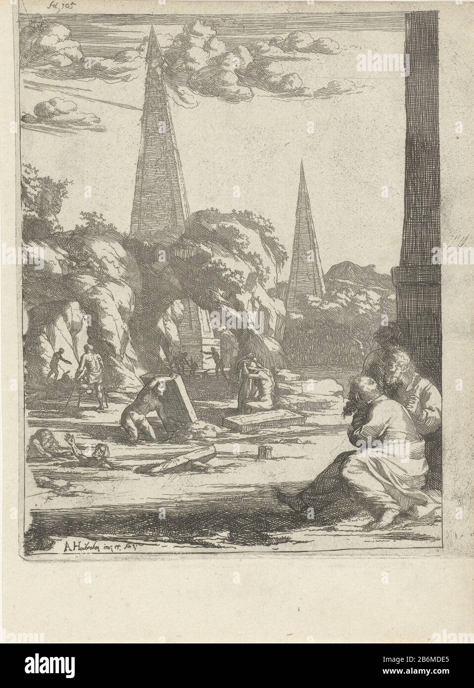 Figuren aanschouwen de oppstanding der doden in un paesaggio con due obelischi contemplano tre figure sedute (destra) la risurrezione dei morti, Dove: Aprire a tombe e figure per emergere. In alto a sinistra: Fol 105. Post utilizzato un libro di Lambert van den Bos con un totale di venti stampe Arnold Houbraken. Produttore : stampatore: Arnold Houbraken (edificio elencato) nel suo disegno: Arnold Houbraken (edificio elencato) Editore: Simon sotto la Linde Editore: Adriaan van Dyck Luogo fabbricazione: Editore: Dordrecht Editore: Rotterdam Data: 1681 - 1683 e / o 1699 caratteristiche Fisiche: Etching materia Foto Stock
