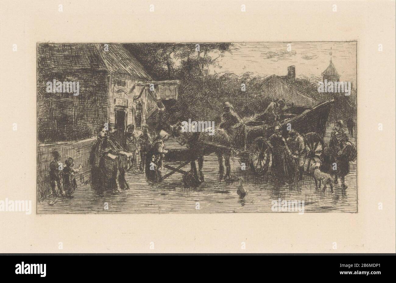 Figuren bij een paardenkoets op straat sinistra un edificio sopra la porta d'ingresso che dice 'BIER'. Produttore : stampatore Jan de Jong (1864-1901) Data: 1874 - 1901 Materiale: Carta Tecnica: Incisione / lastra tono dimensioni: Lastra bordo: H 100 mm × W 138 mm Oggetto: Cavallo veicolo a quattro ruote disegnato da un animalinn, caffè-casa, casa pubblica, ecc. Foto Stock