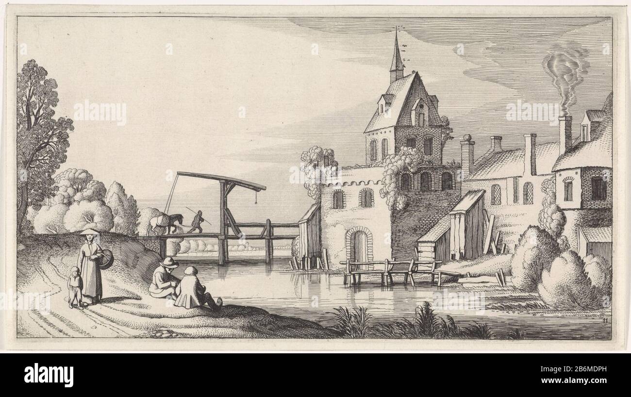 Figuren bij een ophaalbrug voor een dorp met kerktoren Playsante lantschappen ende vermakelycke gesichten (serietitel) Vista di un villaggio con torre della chiesa e un ponte levatoio sopra l'acqua. Il ponte è un uomo con un cavallo sulle redini. Sul percorso lungo il fiume ad alcune figure. Undicesima stampa una serie di 36 stampe di paesaggi su sei delen. Produttore : stampatore Jan van de Velde (II) nella sua progettazione: Jan van de Velde (II) Luogo di produzione: Nord Olanda Data: 1639 - 1641 caratteristiche Fisiche: Materiale di incisione: Tecnica della carta: Dimensioni di incisione: Bordo della piastra: H 150 mm × W 280 mm su Foto Stock