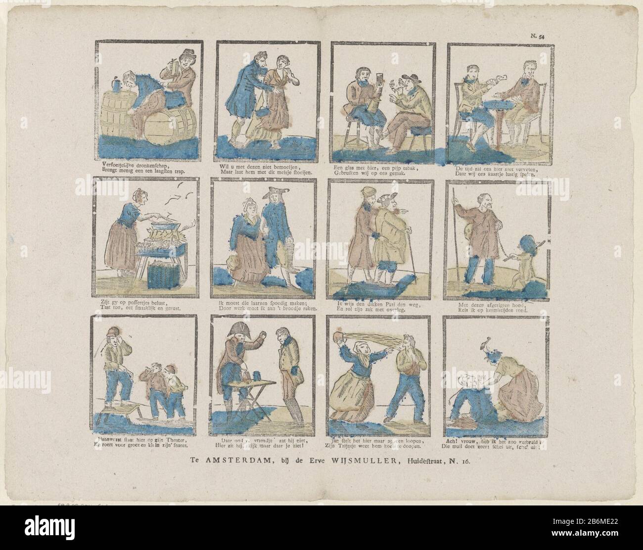 Figuren en en Bzigheden foglio con 12 rappresentazioni di diversi personaggi e attività, come un ubriaco, una donna bakes frittelle e un sottaceti. Sotto ogni mostra un versetto a due righe. Numerato in alto a destra: N. 54. Produttore : Venditore: Preserve Wijsmuller (edificio elencato) editore: Jan de Lange (II) stampatore: Luogo anonimo fabbricazione: Venditore: Amsterdam Editore: Deventer Print autore: Netherlands Data: 1828 - 1913 caratteristiche Fisiche: Legno colorato in blu, giallo e marrone; testo materiale di stampa: Carta Tecnica: Legno / colori / formati di stampa: Foglio: H 335 mm × W 428 mmTotelichtingU Foto Stock