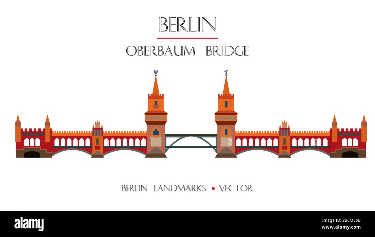 Variopinto vettore Oberbaum Bridge vista frontale, famoso punto di riferimento di Berlino, Germania. Immagine vettoriale piatta isolata su sfondo bianco. Berlino viaggio c Illustrazione Vettoriale