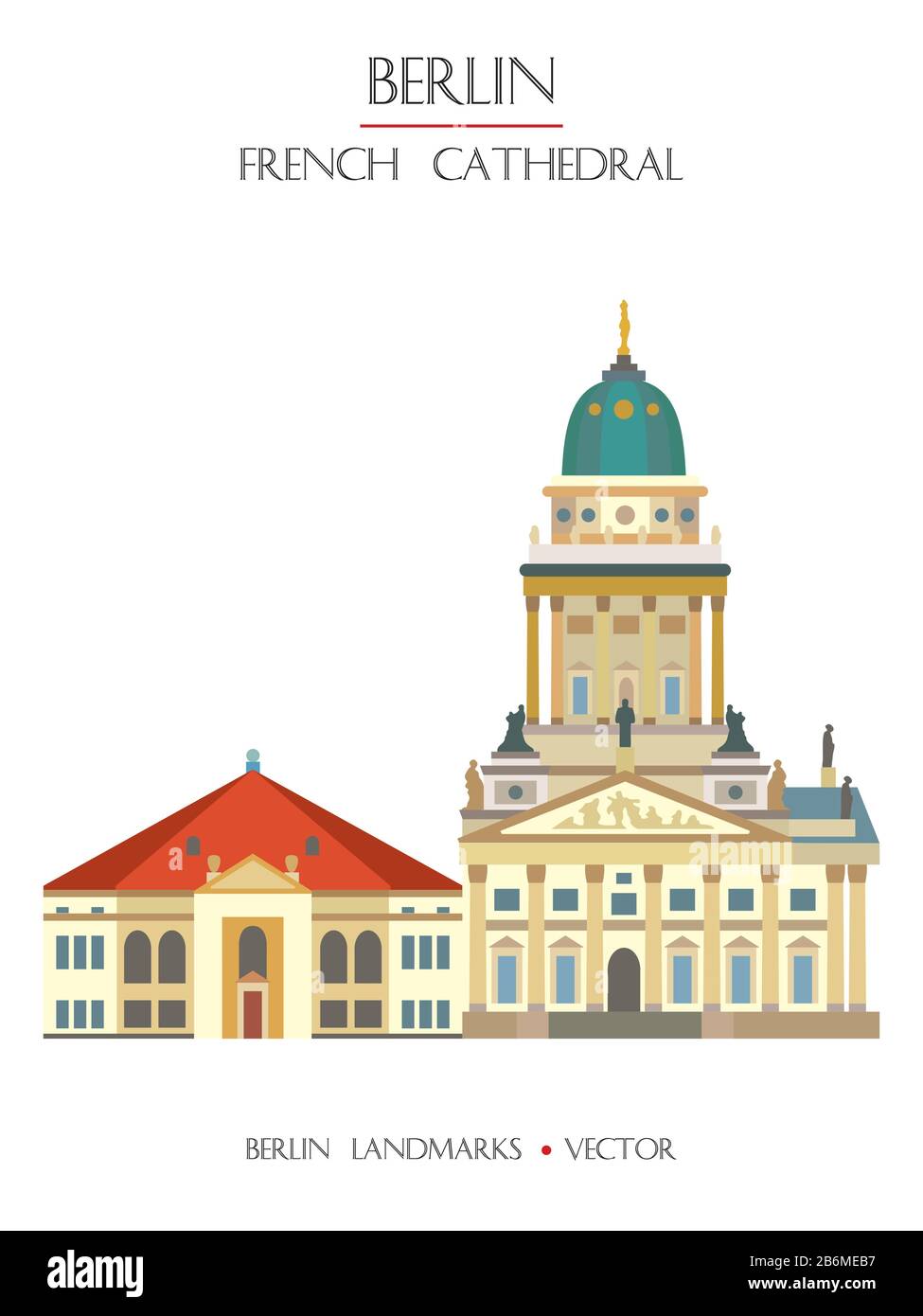 Variopinto vettore francese Cattedrale vista frontale, famoso punto di riferimento di Berlino, Germania. Immagine vettoriale piatta isolata su sfondo bianco. Berlino viaggio Illustrazione Vettoriale