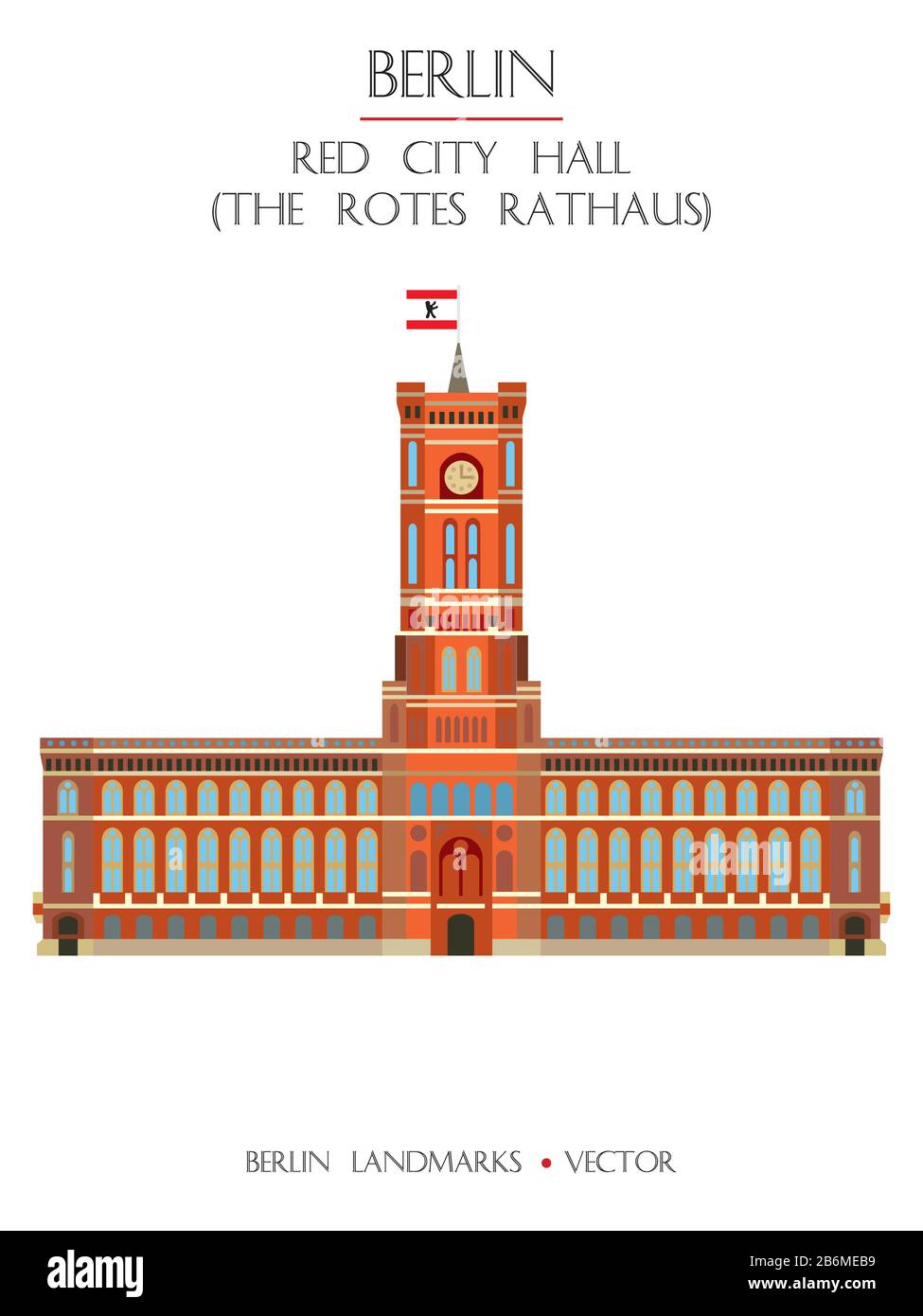 Variopinto vettore Red City Hall (The Rotes Rathaus), vista frontale, famoso punto di riferimento di Berlino, Germania. Immagine piatta verticale vettoriale isolata su bianco Illustrazione Vettoriale