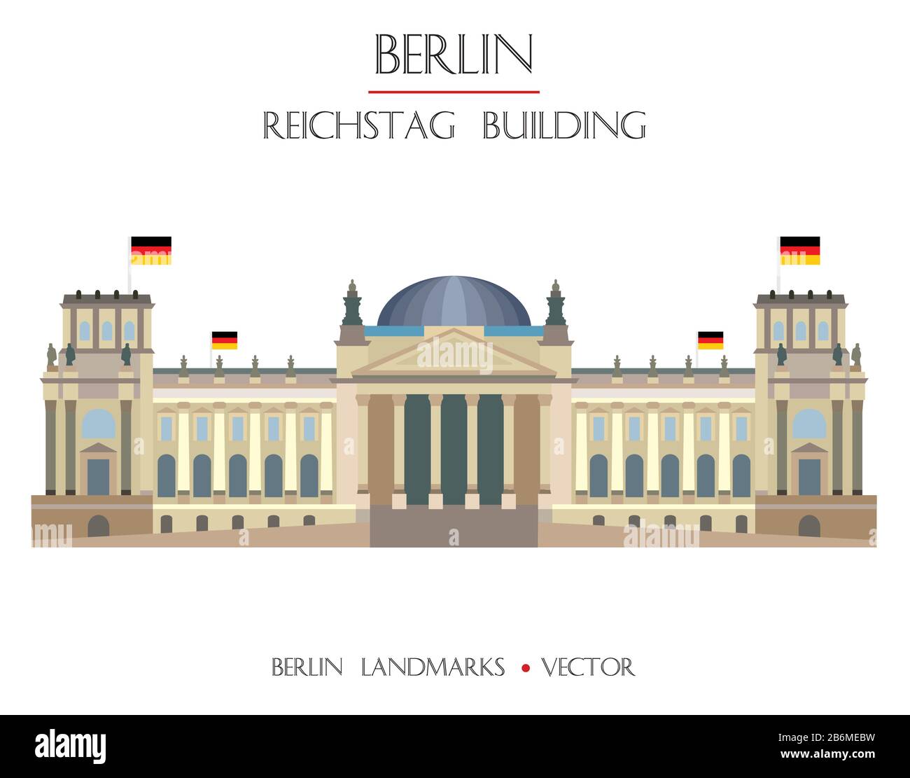 Variopinto vettore Reichstag edificio vista frontale, famoso punto di riferimento di Berlino, Germania. Immagine vettoriale piatta isolata su sfondo bianco. Berlino traversa Illustrazione Vettoriale