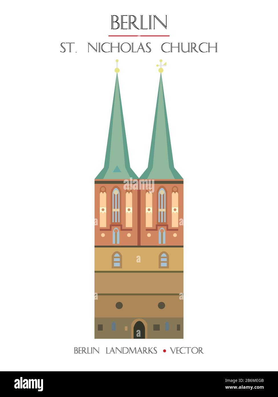 Variopinto vettore St. Nicholas Church vista frontale, famoso punto di riferimento di Berlino, Germania. Immagine vettoriale piatta isolata su sfondo bianco. Berlin, il quartiere di Berlino Illustrazione Vettoriale