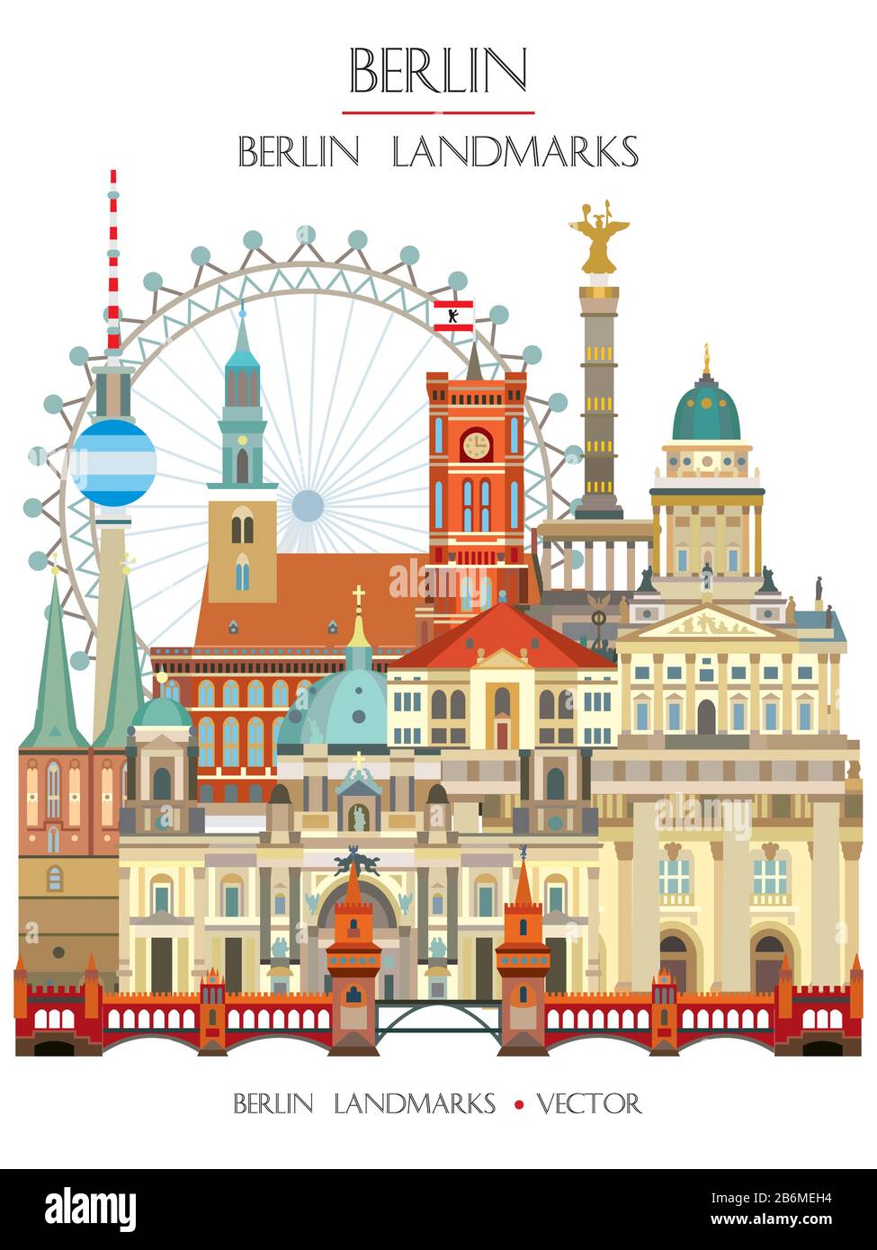 Colorata illustrazione vettoriale dei principali monumenti storici di Berlino, vista frontale, famose attrazioni di Berlino, Germania. Immagine piatta verticale vettoriale isolata su Illustrazione Vettoriale