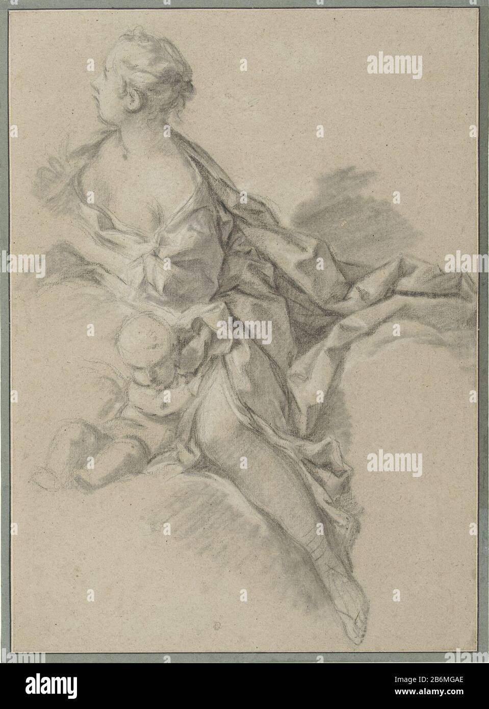 Figuurstudie van een vrouw (Clytie) Studio Preliminare per Apollo e Clytie, la nona parte della serie di arazzi Les Amours des Dieux fabbricante : artista: François Boucher ( officina) Data: CA. 1740 - ca. 1750 caratteristiche Fisiche: Gesso bianco e nero, sfumato, su carta grigia materiale: Gesso carta dimensioni: H 416 mm × W 303 mm Oggetto: Disteso su un lato, allungato - AA - figura umana femminile Foto Stock