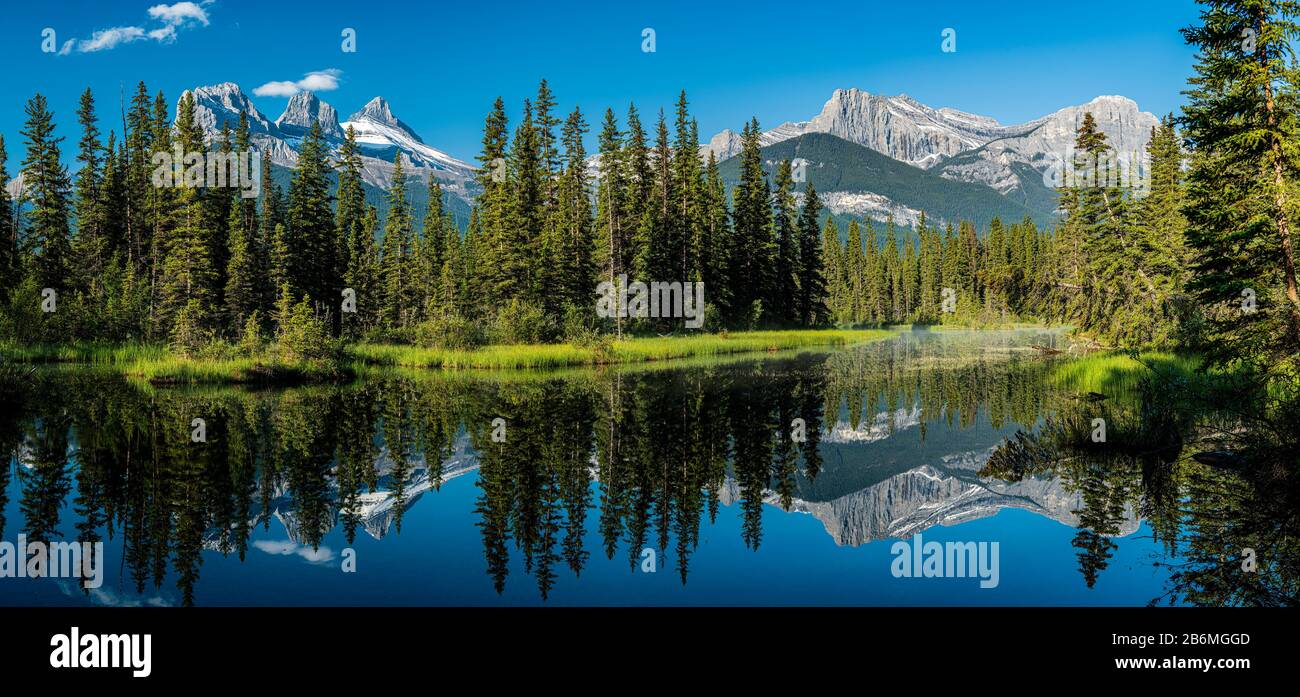 Vista degli alberi e delle montagne riflesse nel lago, il Monte Lawrence grassi, Alberta, Canada Foto Stock