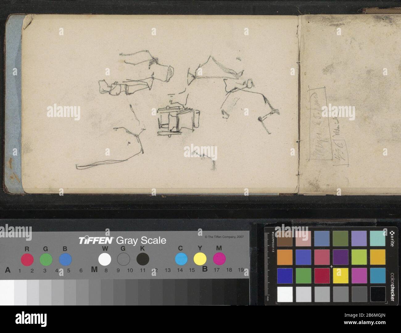 Figuurstudies en een paard-en-wagen pagina 5 uit een schetsboek met 37 bladen. Produttore : disegnatore: George Hendrik BreitnerPlats fabbricante: Scheveningen dating: 1880 - 1882 kenmerken Fisico: Zwart krijt Materiale: Papier krijt Oggetto: Veicolo a quattro ruote, trainato da animali, per esempio: Cabina, trasporto, uomo cocadente Foto Stock