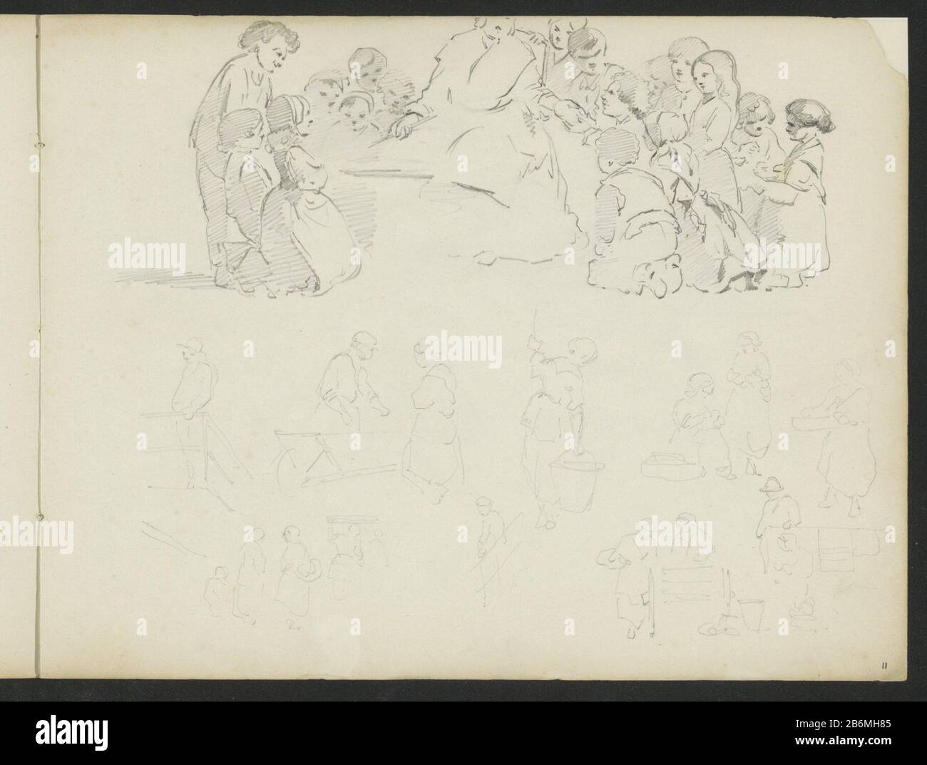 Figuurstudies uomini, donne e bambini in varie pose e con diverse attività. I bambini al piano superiore intorno ad un uomo seduto, che Cristo benedica i bambini. Pala 11 di uno sketchbook con 11 bladen. Produttore : artista: Adrian Evers Place prodotto: Netherlands Data: CA. 1828 - 1897 caratteristiche Fisiche: Matita materiale: Carta Oggetto matita: Adulto mana dult donna bambino cristo benedizione bambini Portati dalle loro madri Bentic, di solito con alcuni discepoli disapproly guardare ( Matteo 19: 13-15; Marco 10: 13-16; Luca 18: 15-17) Foto Stock
