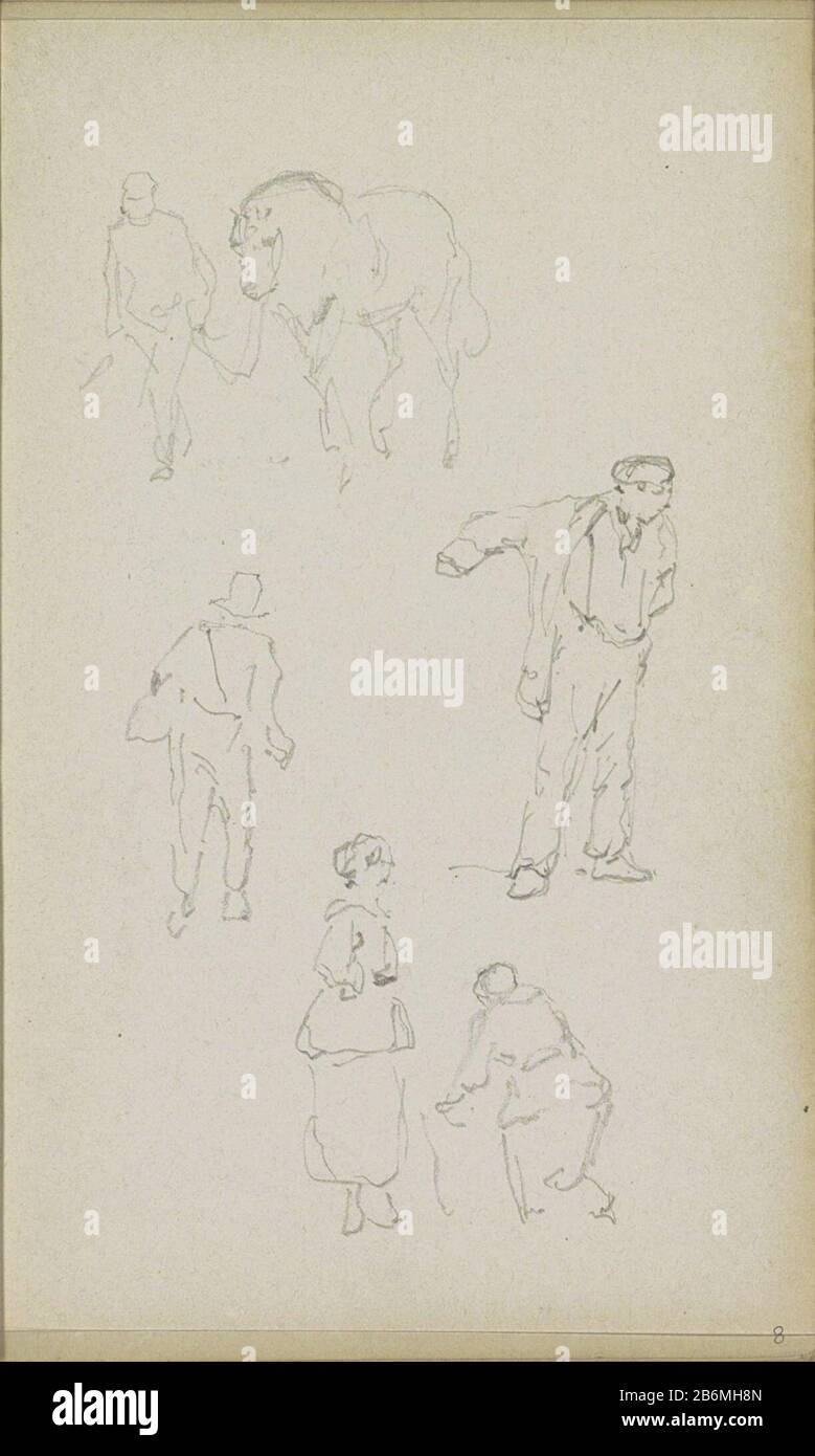 Figuurstudies Figura Studio Tipo Di Oggetto: Foglio di Sketchbook numero articolo: RP-T-1996-10-8 (R) Descrizione: Sopra un uomo con un cavallo alle redini. Lasciò un uomo visto dalla schiena sopra la sua spalla con una borsa. Destra, un uomo che tiene la sua giacca sopra o tira fuori. Sotto due donne, di cui una può fare la lavanderia. Leaf 8 recto da uno sketchbook con 69 lame realizzate nei pressi di Delft, Rotterdam, Oudewater e Harlingen. Produttore : artista: Adrian Evers Place prodotto: Netherlands Data: CA. 1828 - 1897 caratteristiche Fisiche: Matita materiale: Carta matita Oggetto: Cavallo adulto mana dult donna Foto Stock