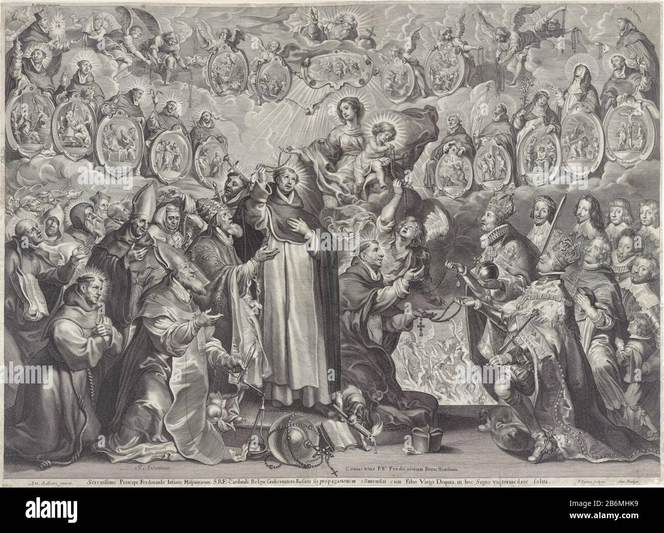 Filips IV en Ferdinand van Oostenrijk ontvangen rozenkrassen van de H Thomas Presentazione con vari santi e monarchi in attesa di ricevere un rosario. In mezzo allo Spirito Santo come colomba e Maria con il Cristo bambino sul suo braccio. Condividono rosari off. Sulla sinistra i santi maschi inginocchiati attendono. A destra vari principi, tra cui Filippo IV e Ferdinando d'Austria. Sullo sfondo gli angeli salvano le anime dal purgatorio. I santi e gli angeli maschili e femminili di sinistra e di destra che tutti tengono un cartouche Dove: Raffigurati scene della vita e della passione di Cristo. Inoltre hanno ricevuto i rosari un Foto Stock