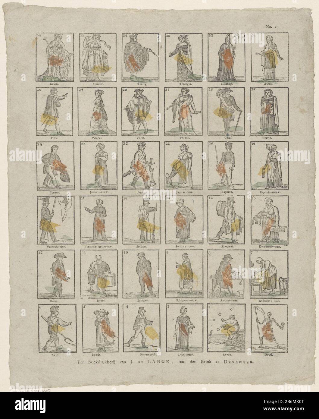 Foglio di Floskaartjes con 36 carte da gioco (floskaartjes) con rappresentazioni di varie figure. Le immagini sono diciotto coppie in ordine decrescente dall'alto a sinistra verso il basso a destra, numero 36 numero 1 sopra la donna con l'uomo solo un numero sui due numeri più bassi dopo che mostrano diciassette coppie, marito e moglie, Dove: Ogni coppia un'azione o una posizione sociale. Sotto ogni mostra una didascalia. Numerato in alto a destra: N. 2. Produttore : Editore: Jan de Lange (II) (edificio elencato) printmaker: Anonimo luogo produzione: Editore: Deventer Stampa autore: Netherlands Data: 1822 - 1849 fisica Foto Stock