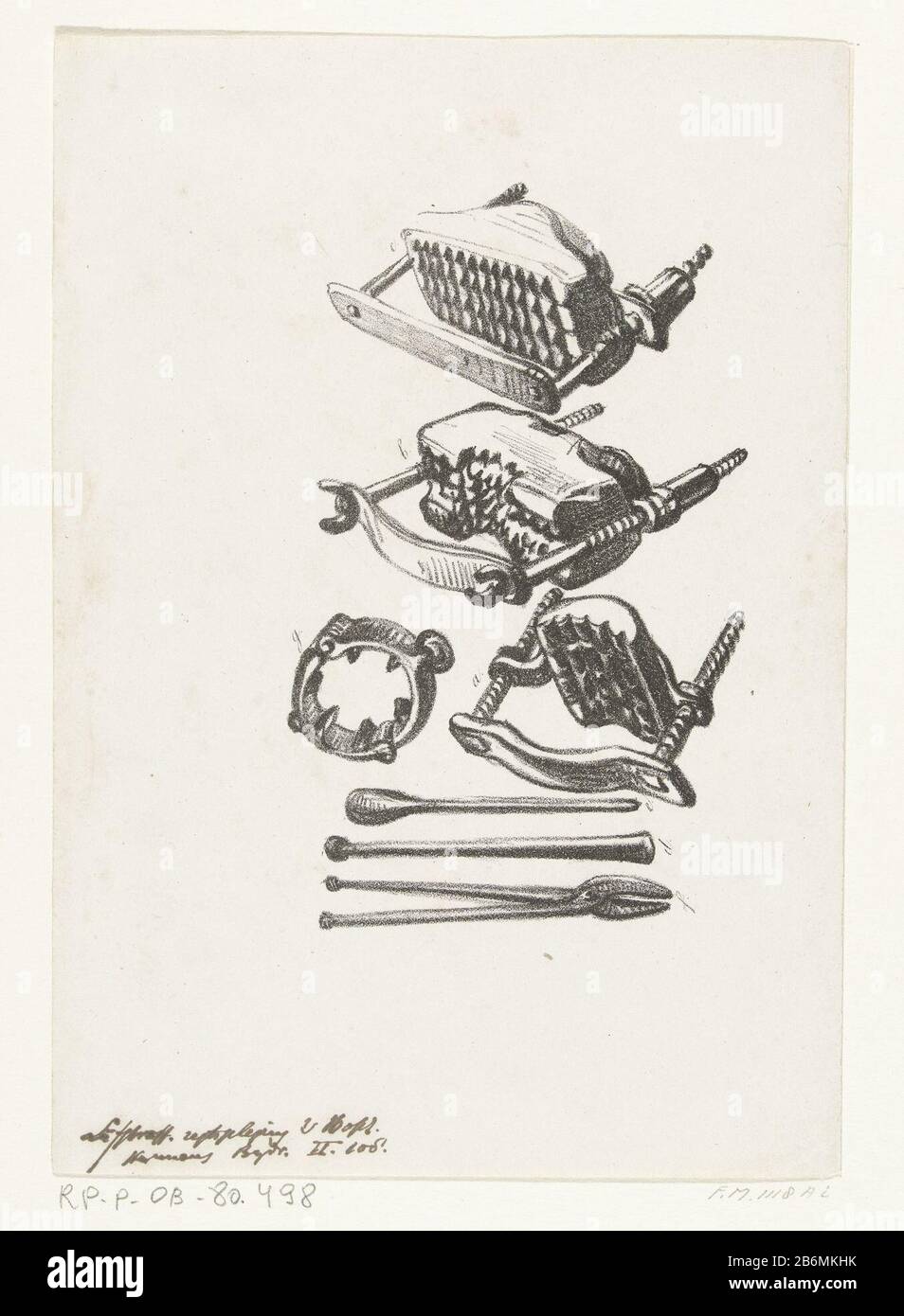 Folterwerktuigen, 1600 circa di tortura. Vari tipi di viti, clip e morsetti. Attrezzi di tortura usati in 's-Hertogenbosch, 1600. Sotto un'iscrizione con penna. Produttore : stampatore: Anonimo luogo fabbricazione: Olanda Data: 1843 - 1845 caratteristiche Fisiche: Litografia materiale: Carta Tecnica: Litografia (tecnica) dimensioni: Foglio: H 217 mm × b 154 mmToelichtingGebruikt come illustrazione in: CR Hermans, Contributi alla storia, antichità, letteratura, statistiche e arti visive della provincia di North Braband, 2 parti, Muller, 's-Hertogenbosch 1845, Vol. II, pag. 108. Oggetto: Foto Stock