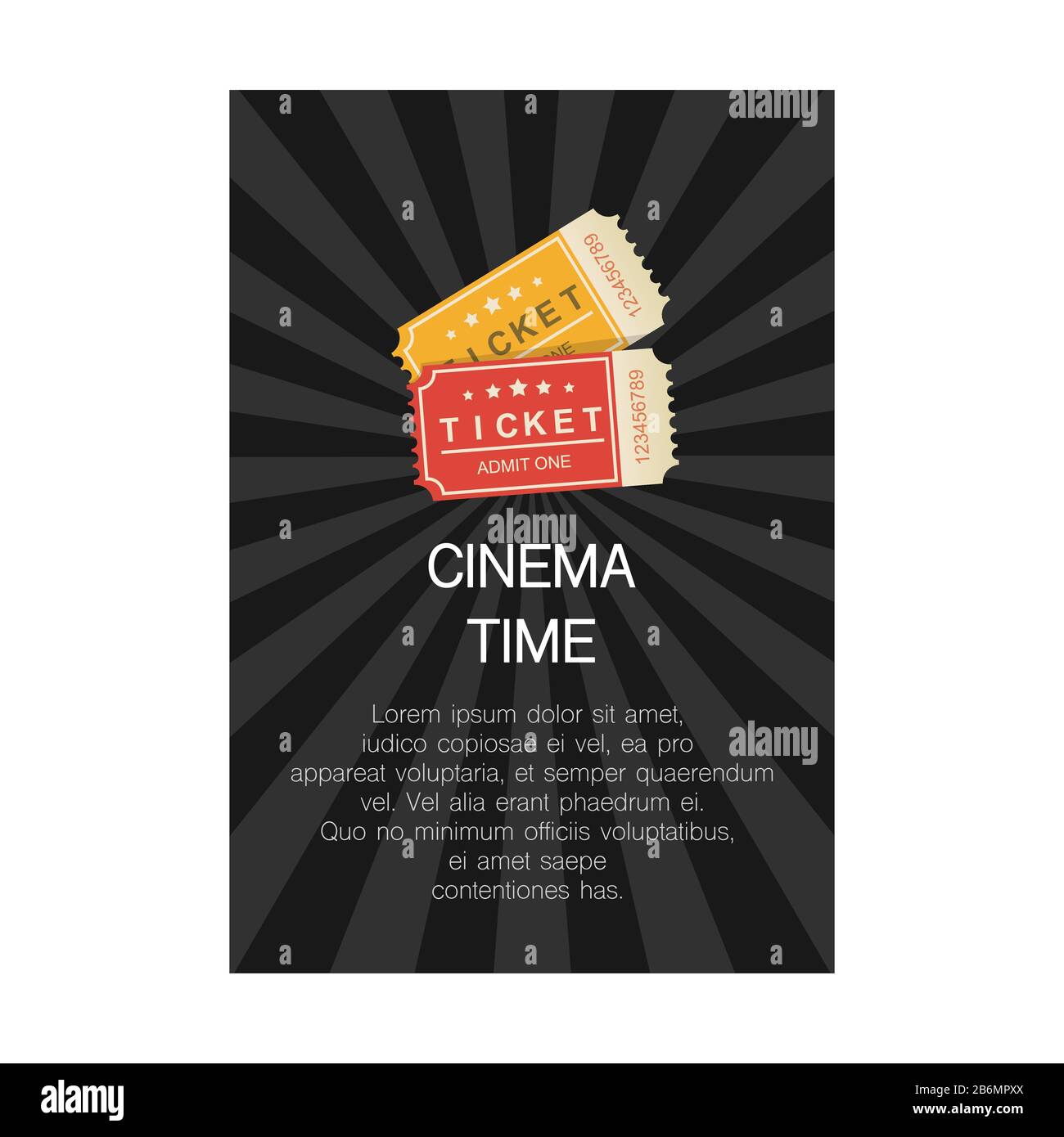 Tempo di cinema. Cartoon nero poster con biglietti , vettore mockup. Illustrazione Vettoriale