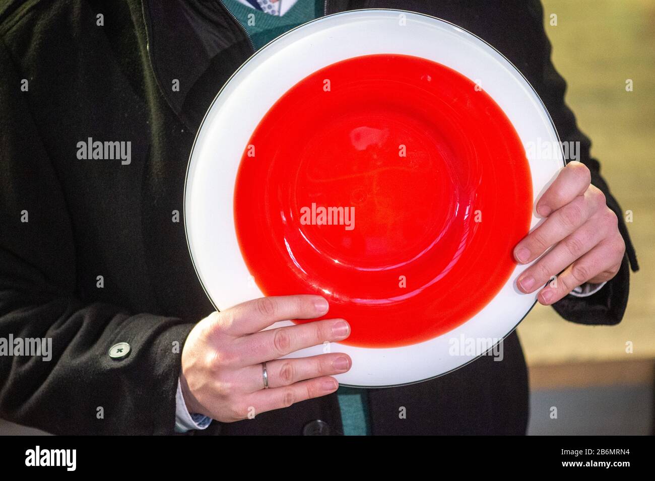 11 marzo 2020, Sassonia-Anhalt, Derenburg: Un dipendente della fabbrica di vetro Harzkristall mostra un piatto nei colori rosso e bianco. Tale piatto sarà premiato come trofeo del vincitore al Concorso Internazionale di Pianoforte "New Stars" il 4 aprile 2020 nelle Scuderie principesca di Wernigerode. I colori rosso e bianco si trovano nello stemma della città, sulle montagne di Harz. Il concorso di pianoforte inizia il 29 marzo 2020 e dura fino al 5 aprile 2020. È organizzata dalla città di Wernigerode e dall'Associazione degli amici dell'Arte e della Cultura Ebraica. Foto: Klaus-Dietmar Gabbert/Dpa- Foto Stock