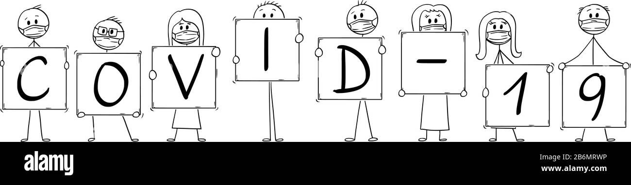 Figura del bastone del cartone animato vettoriale che disegna l'illustrazione concettuale del gruppo di persone che indossano maschere facciali e che tengono i segni di coronavirus covid-19. Concetto di infezione ed epidemia. Illustrazione Vettoriale