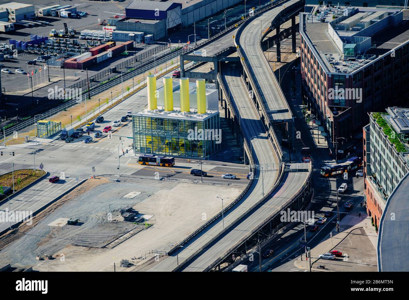 Veduta aerea dell'autostrada in costruzione, Washington state, USA Foto Stock