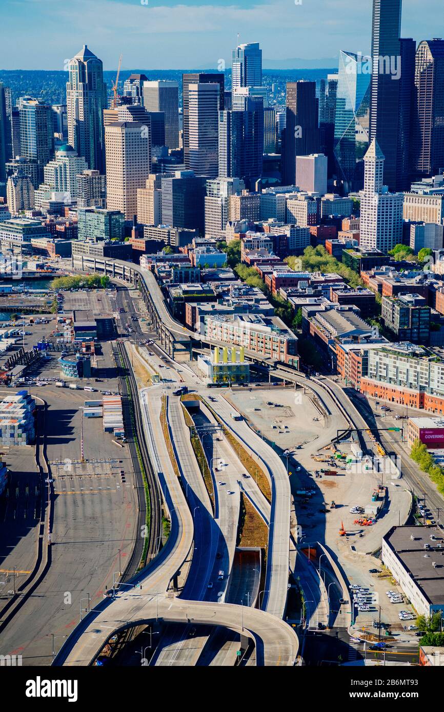 Veduta aerea della città di Seattle con l'autostrada 99, Washington state, USA Foto Stock