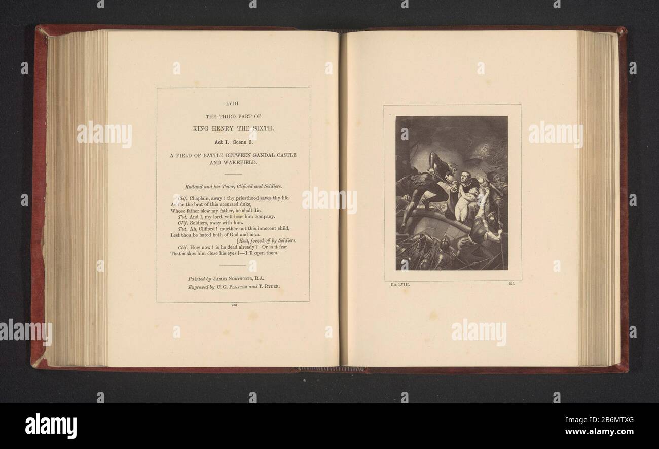 Fotoreproductie van een prent naar een schilderij door James Northcote, voorstellend een scene uit Hendrik VI, deel 3 door William Shakespeare be seen atto i, scena 3, un campo di battaglia Dove: Clifford Yorks più giovane figlio doodt. Produttore : fotografo: Stephen Aylingnaar print by Charles Gauthier Playter (listed property) to print by Thomas Ryder (i) (listed building) to painting by James Northcote (listed property) Place manufacturing: London Dating: CA. 1854 - o per 1864 Materiale: Carta Tecnica: Albume dimensioni di stampa: Foto: H 95 mm × W 69 mmToelichtingFoto pagina 231. Oggetto: Illuminazione specifica Foto Stock
