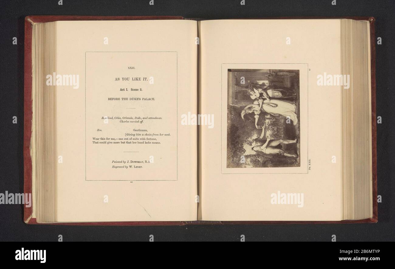 Fotoreproductie van een prent naar een schilderij door John Downman, voorstellend een scene uit Naar het u bevut door William Shakespeare be seen atto i, scena 2 con Rosalind, Celia e Orlando per il palazzo dell'hertog. Produttore : fotografo: Stephen Aylingnaar stampa di William Satchwell Leney (edificio elencato) per la pittura di John Downman (oggetto elencato) Fabbricazione Del Luogo: London Dating: CA. 1854 - o per 1864 Materiale: Carta Tecnica: Albume dimensioni di stampa: Foto: H 75 mm × W 99 mmToelichtingFoto pagina 87. Oggetto: Lavoro letterario specifico Foto Stock