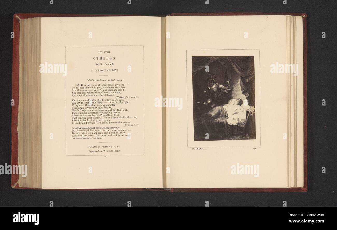 Fotoreproductie van een prent naar een schilderij door James Graham, voorstellend een scene uit Othello door William Shakespeare te zien is akte V, scene 2 met Othello die kijkt naar een slapende Desdemona. Produttore : fotograaf: Stephen Aylingnaar prent van: William Satchwell Leney (vermeld op object)naar schilderij van: James Graham (vermeld op object)Plats fabbricante: Londen Dating: CA. 1854 - in di voor 1864 Materiale: Fotopapier Techniek: Albuminedruk dimensioni: Foto: H 100 mm × b 74 mmToelichtingFoto op pagina 351. Oggetto: Specifieke literaire werken Foto Stock