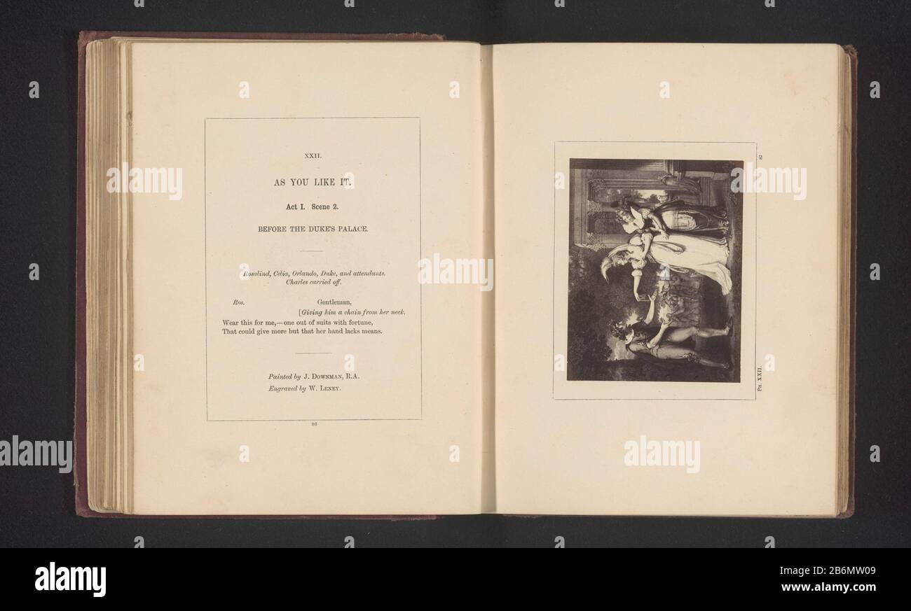 Fotoreproductie van een prent naar een schilderij door John Downman, voorstellend een scene uit Naar het u bevut door William Shakespeare be seen atto i, scena 2 con Rosalind, Celia e Orlando per il palazzo dell'hertog. Produttore : fotografo: Stephen Aylingnaar stampa di William Satchwell Leney (edificio elencato) per la pittura di John Downman (oggetto elencato) Fabbricazione Del Luogo: London Dating: CA. 1854 - o per 1867 Materiale: Carta Tecnica: Albume dimensioni di stampa: Foto: H 75 mm × W 97 mmToelichtingFoto pagina 87. Oggetto: Lavoro letterario specifico Foto Stock