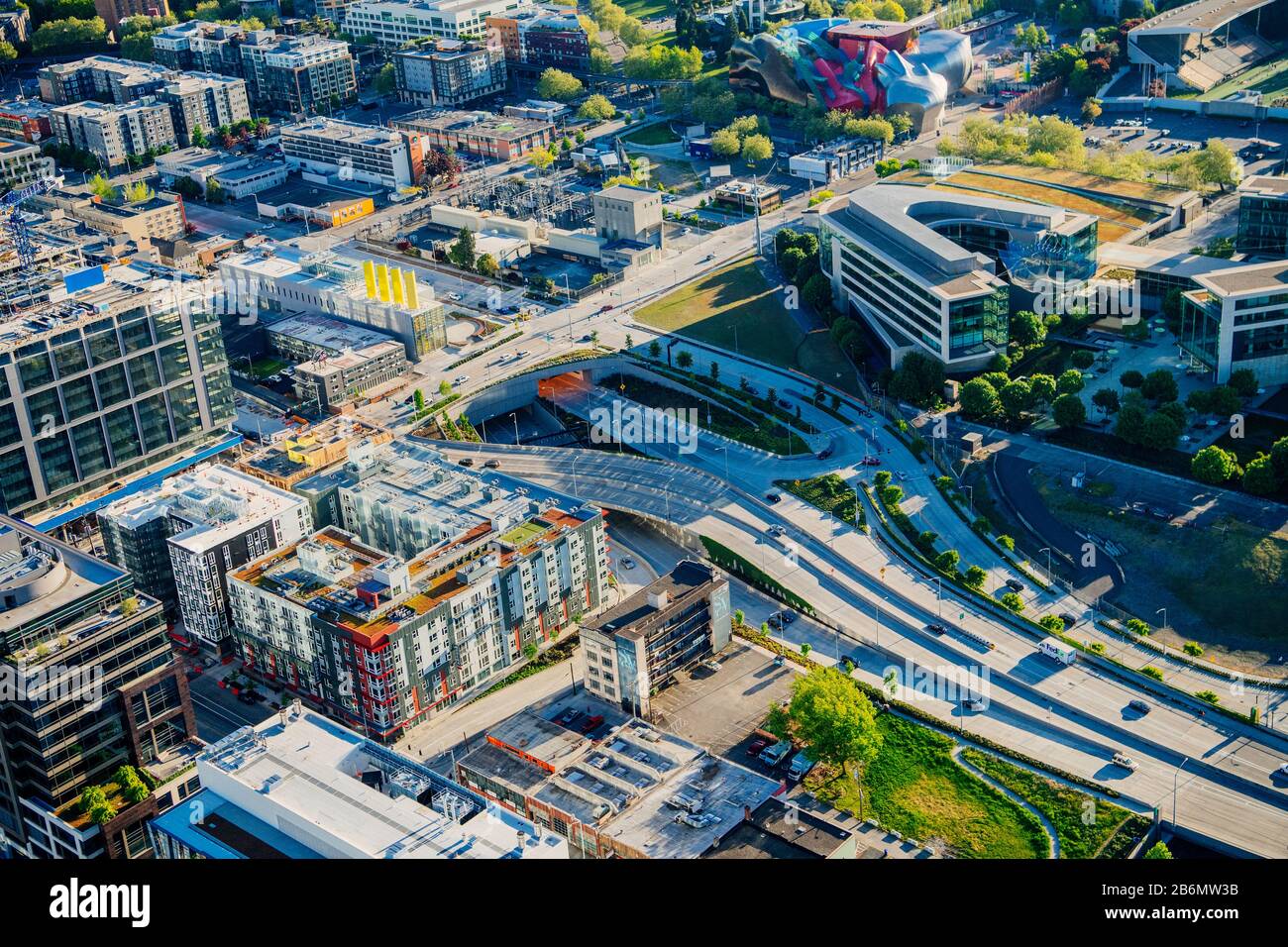 Veduta aerea della città di Seattle con l'autostrada 99, Washington state, USA Foto Stock