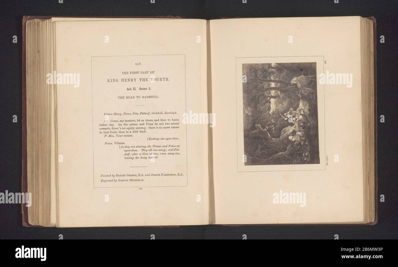 Fotoreproductie van een prent naar een schilderij door Robert Smirke en Joseph Farington, voorstellend een scene uit Hendrik IV door William Shakespeare BE seen atto II, scena 2 con Prince Henry, Sir John Falstaff, Edward Poinsett e altri verso Gadshill. Produttore : fotografo: Stephen Aylingnaar picture of Samuel Middiman (listed property) to painting by Robert Smirke (listed property) to painting by Joseph Farington (listed property) Place manufacturing: London Dating: CA. 1854 - o per 1867 Materiale: Carta Tecnica: Albume dimensioni di stampa: Foto: H 75 mm × W 101 mmToelichtingFoto Foto Stock