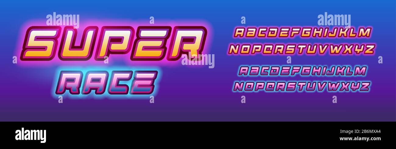 Set di lettere Super Hero. Alfabeto in stile fumetto con effetto luminescente. Font retro retroilluminato per fumetti, logo, banner, monogramma e poster. Vettore Illustrazione Vettoriale