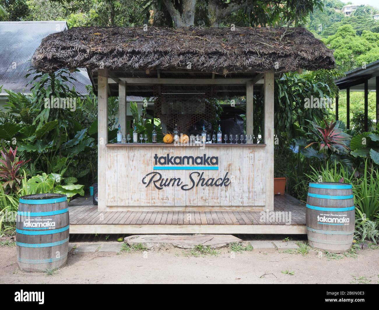 Takamaka Rum Shack, Rum Distillery, Mahe, Seychelles Foto Stock