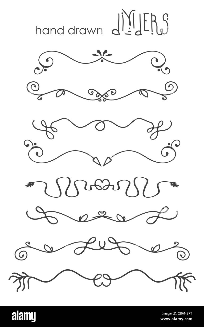 Set di divisori, linee di contorno doodle o linee di divisione, isolato su sfondo bianco, illustrazione vettoriale Illustrazione Vettoriale