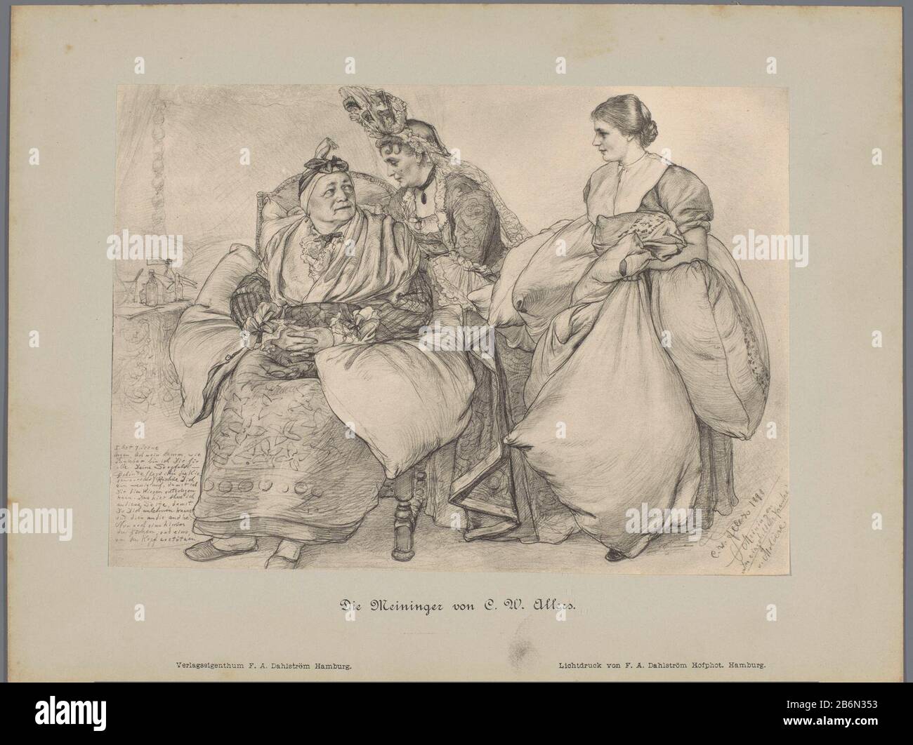 Fotoreproductie van een tekening, voorstellende drie actrices in historisch kostuum Die Meininger von C W Allers (seriettel) Riproduzione di immagini di un disegno, raffigurante tre attrici in storici kostuumDie Meininger von C. W. Allers (series title) Tipo Di Oggetto: Foto-meccanica stampa riproduzione pagina numero Oggetto: RP-F-2001-7-770-12 fabbricante: A. Dahlström (proprietà in elenco) al disegno: Christian Wilhelm Allers (edificio in elenco) Datato: 1890 Materiale: Tecnica della carta: Misure di pressione leggera: Impresso: H 171 mm × W 239 mm Oggetto: Prove, studio del ruolo  th Foto Stock