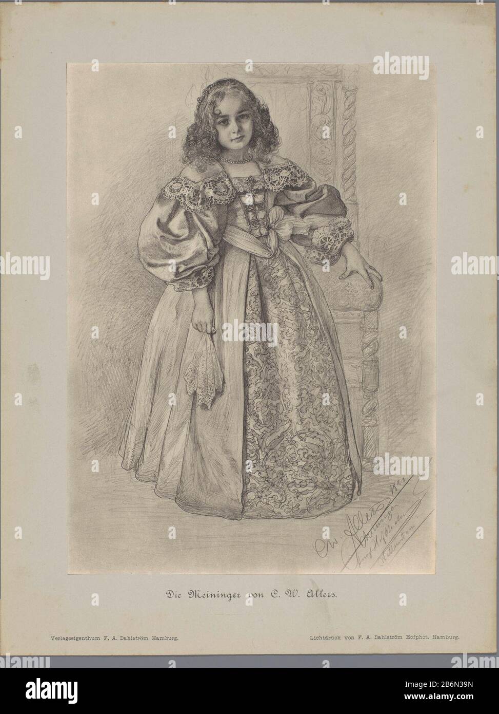 Fotoreproductie van een tekening, voorstellende een jonge actrice in historisch kostuum Die Meininger von C W Allers (seriettel) Riproduzione di immagini di un disegno, raffigurante una giovane attrice in uno storico kostuumDie Meininger von C. W. Allers (series title) Tipo Di Oggetto: Riproduzione di stampa foto-meccanica numero Oggetto: RP-F-2001-7 fabbricante: 770-7 : F.A. Dahlström (indicato sull'oggetto) al disegno di: Christian Wilhelm Allers (indicato sull'oggetto) Data: 1890 Materiale: Carta Tecnica: Leggera pressione dimensioni: Immagine: H 244 mm × W 176 mm Oggetto: Ritratto o attore, atto Foto Stock