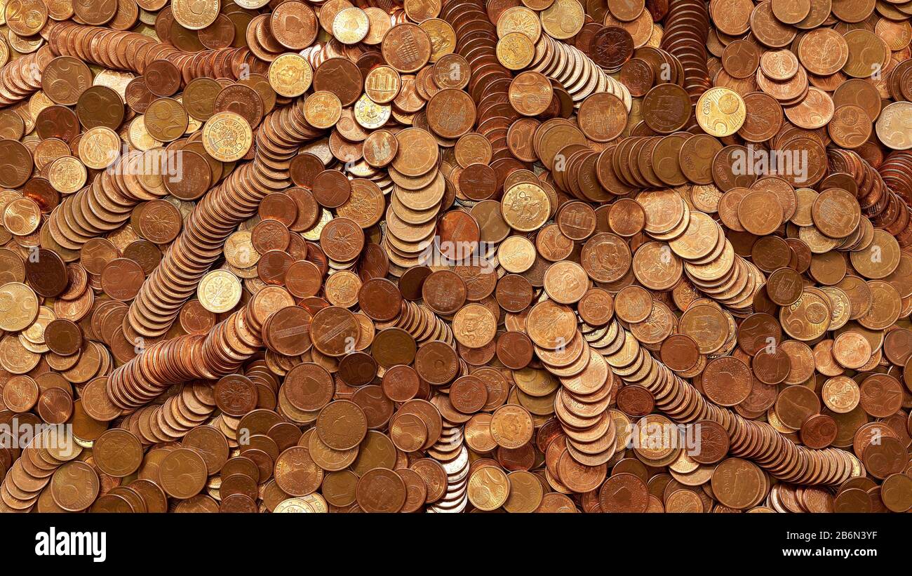 Primo piano di molte monete in rame da cent. Euro Foto Stock