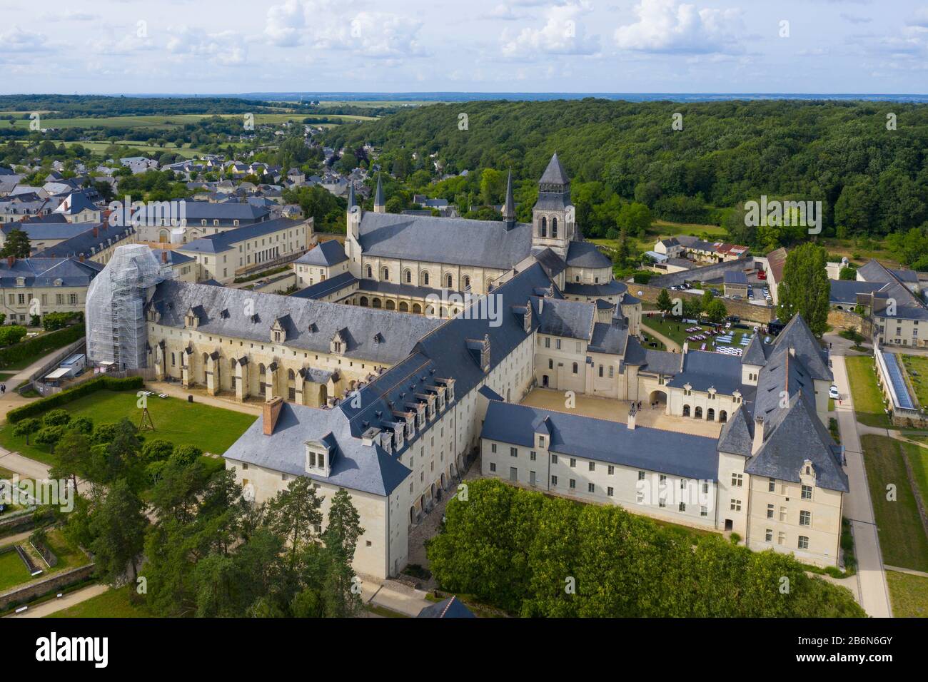 Veduta aerea dell'Abbazia di Fontevraud, Anjou, Fontevraud l'Abbaye, dipartimento Maine-et-Loire, Loira, Valle della Loira, Patrimonio dell'Umanità dell'UNESCO, Foto Stock