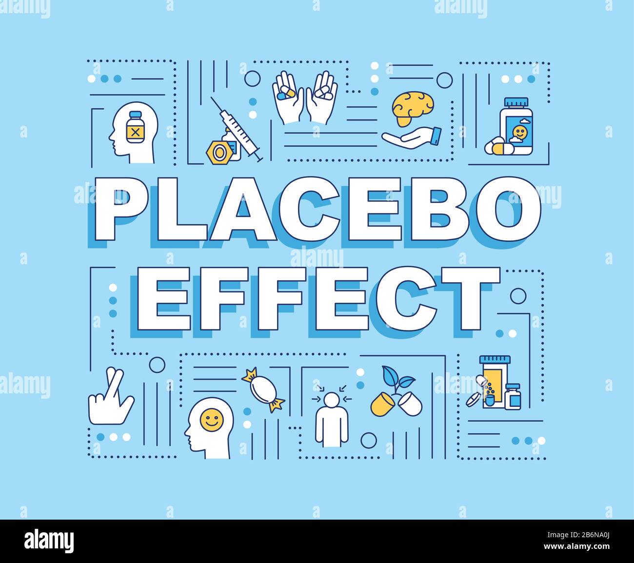 Banner di concetti di parole con effetto placebo. Trattamento falso. Influenza di credenza. Infografiche con icone lineari su sfondo blu bambino. Tipografia isolata Illustrazione Vettoriale