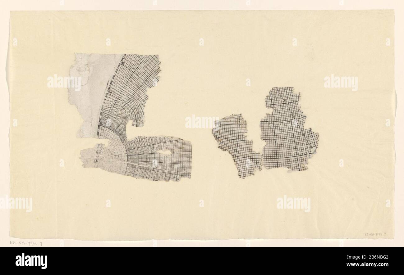 Fragmenten van kaartnet van noordelijk halfrontd Due frammenti di una mappa, numerati 60, 70, 80 e 90. Per determinare la posizione viene utilizzata una rete di linee. Una rete semicircolare di linee; il sistema di meridiani terrestri e paralleli nella proiezione stereografica equatoriale. La griglia della mappa è stata probabilmente utilizzata in combinazione con il puntatore di lunghezza Plancius. Produttore : printmaker: Anonymous place manufacturing: Northern Netherlands Dating: In or 1596 Materiale: Paper Technique: Engra (processo di stampa) ToelichtingDe stampe e mappe in Nova Zembla collection durante una spedizione di William Baren Foto Stock