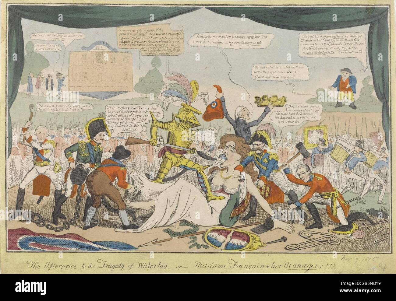 Cartone animato della posizione francese dopo la sconfitta di Napoleone  nella battaglia di Waterloo il 18 giugno 1815. La Vergine francese giace  sul terreno e picchiato dagli alleati. Sul suo ventre è