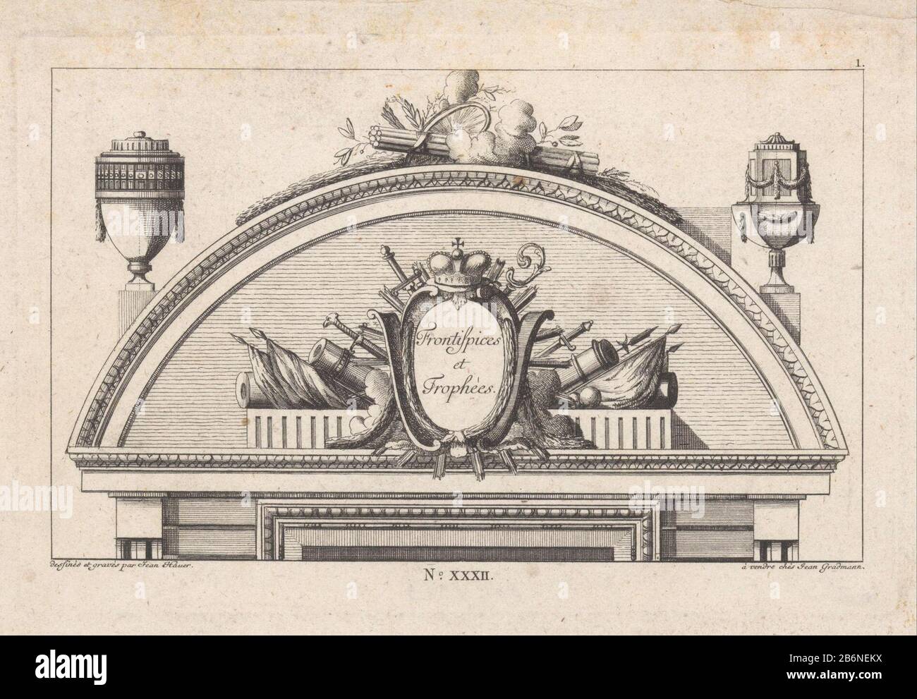 Disegno per un frontone semicircolare coronato da cartouche con alone circondato da cannoni, lance, lance e pesanti: Il. Due vasi a sinistra e a destra. Numero editore XXXII. Produttore : stampatore: Johann Thomas Hauer (edificio elencato) nel suo disegno: Johann Thomas Hauer (edificio elencato) Venditore: Johann Grad Mann (proprietà elencata) Luogo di produzione: Ravensburg dating: 1780 Caratteristiche Fisiche: Acquaforte e engra materiale: Carta Tecnica: Acquaforte / engra (processo di stampa) Misure: Bordo della lastra: H 151 mm × W 228 mm Oggetto: Altri dettagli architettonici (CON NOME) arma Foto Stock