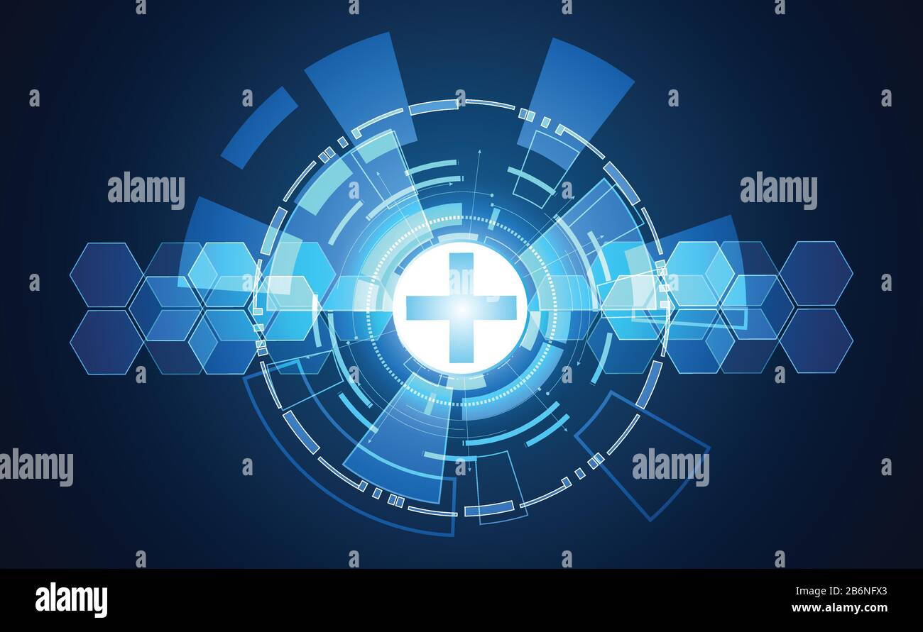 Tecnologia astratta digitale salute concetto medico su hi tech blu sanità farmacia su gradiente nero per modello web design o presentazione.Vecto Illustrazione Vettoriale